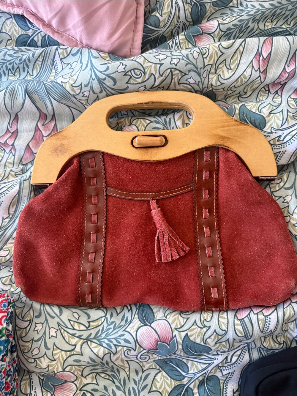 Vintage Rust Suede Wooden-Handle Clutch - Picture 2 of 6